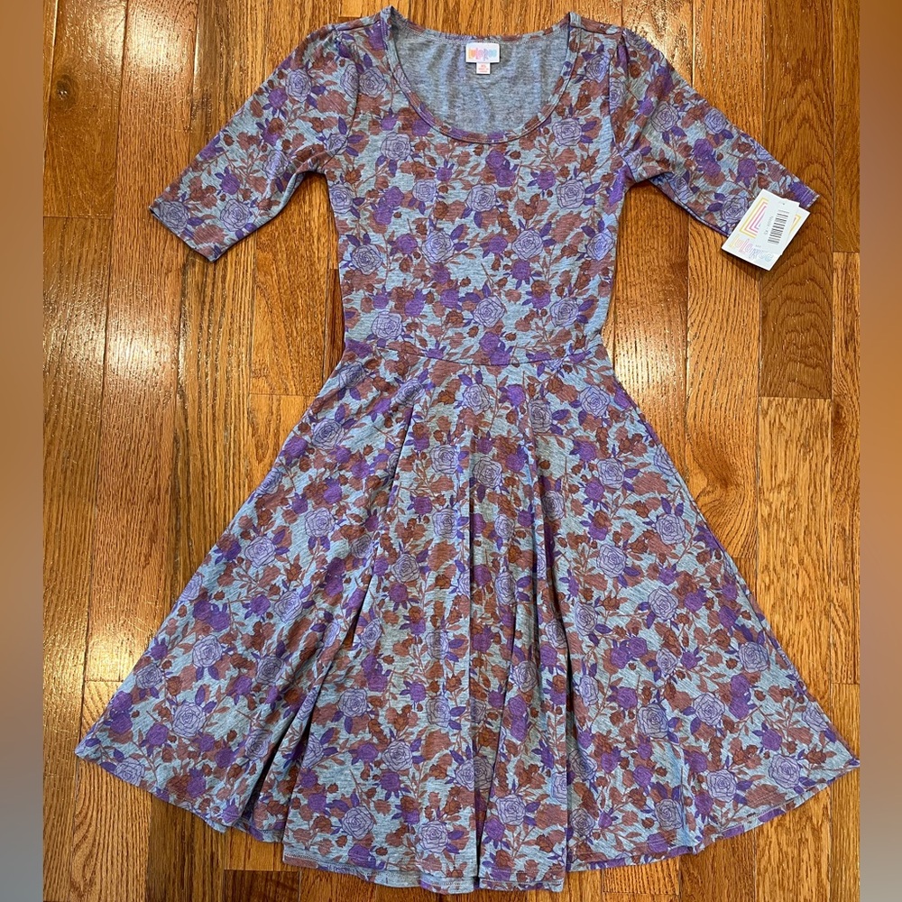LuLaRoe Nicole Midi Casual Dress - Gray, Pink and Violet Floral - Size XS - Picture 2 of 9